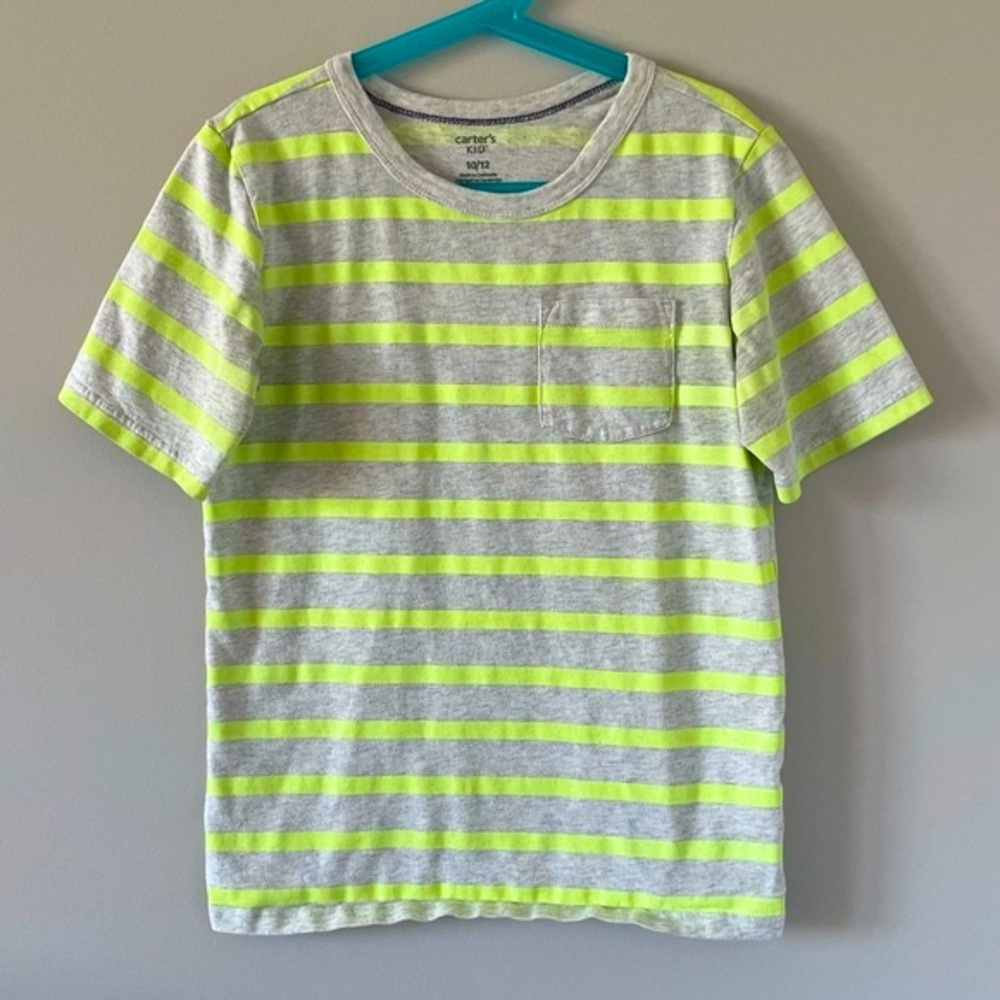 Carter’s Kids Neon Stripe Pocket T-Shirt - Yellow/Green Neon Stripe on Grey